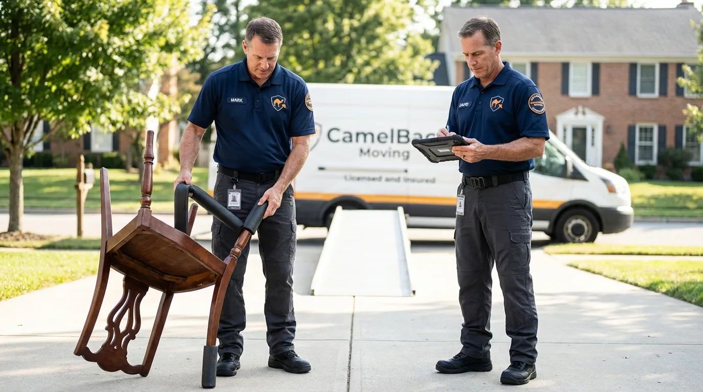 Movers inspecting furniture for damage prevention before loading in Licking, MO